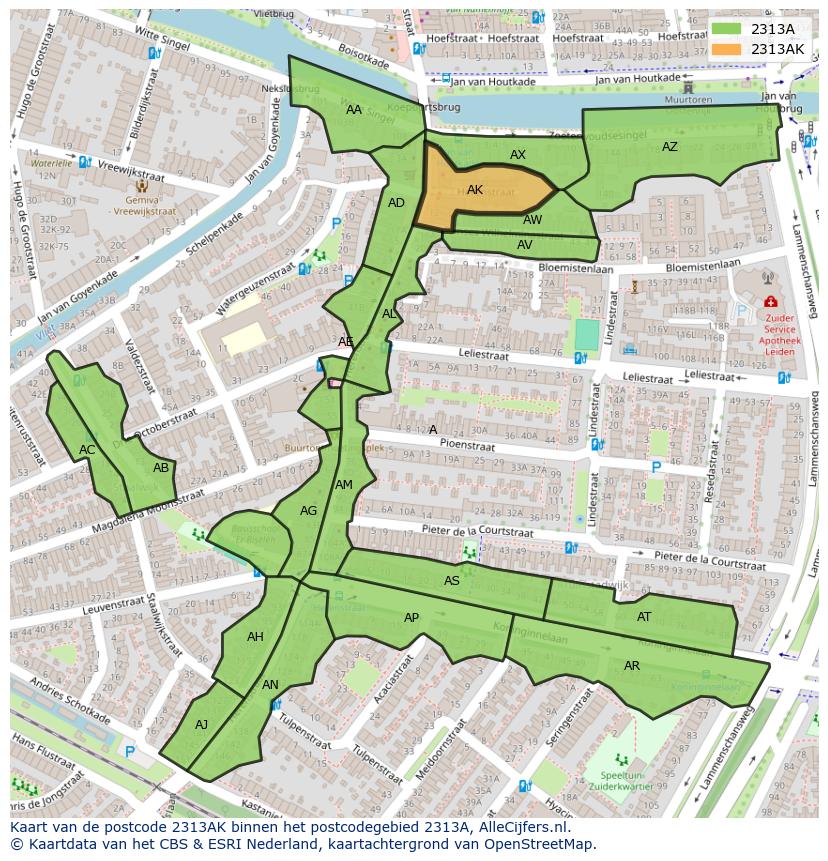 Afbeelding van het postcodegebied 2313 AK op de kaart.