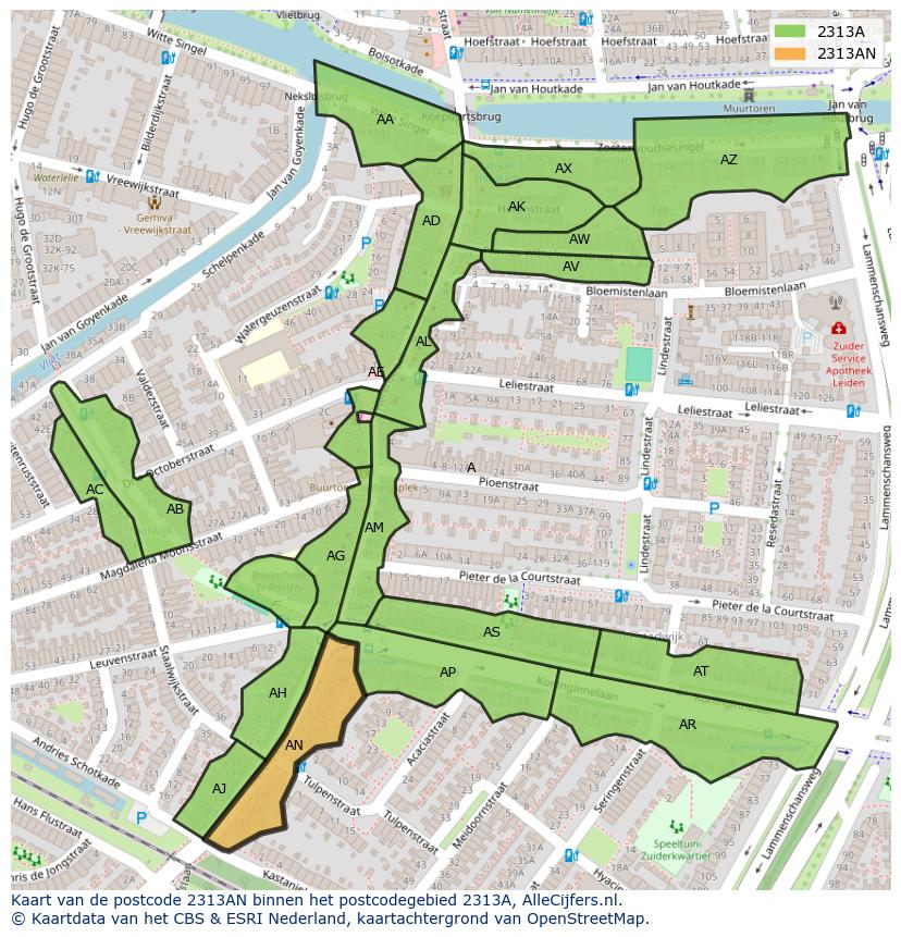 Afbeelding van het postcodegebied 2313 AN op de kaart.