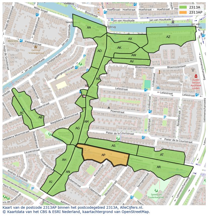 Afbeelding van het postcodegebied 2313 AP op de kaart.