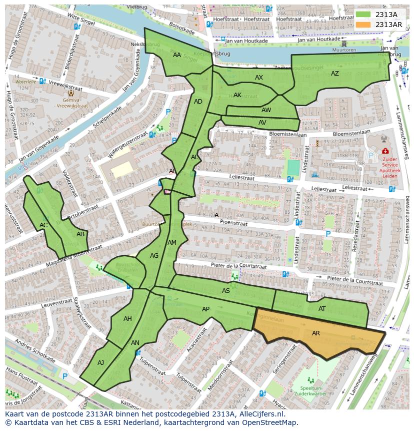 Afbeelding van het postcodegebied 2313 AR op de kaart.