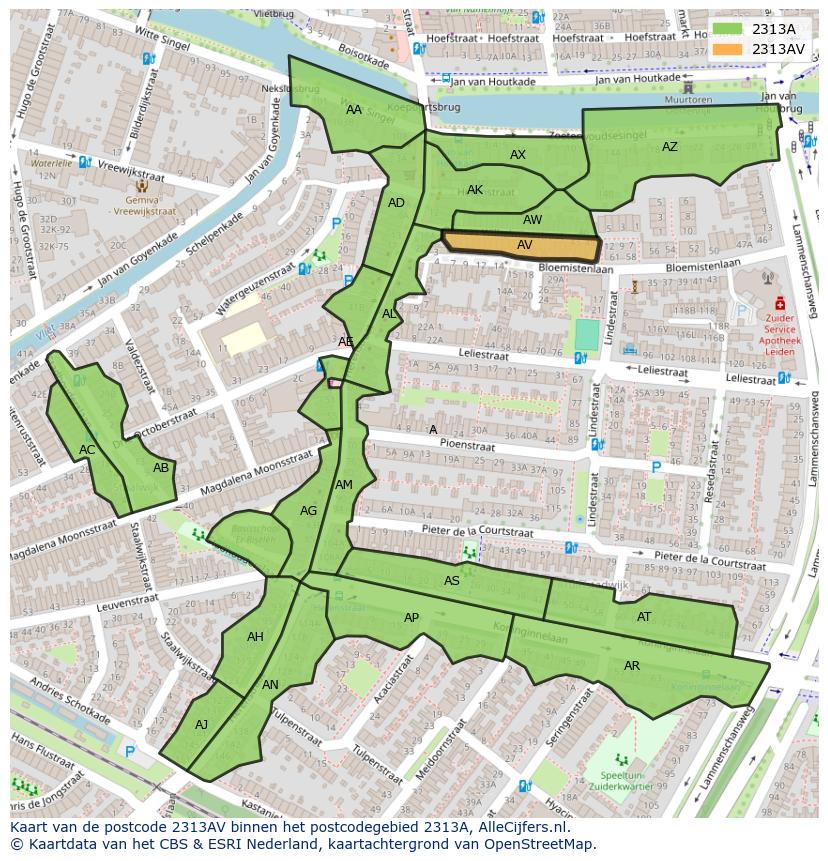 Afbeelding van het postcodegebied 2313 AV op de kaart.