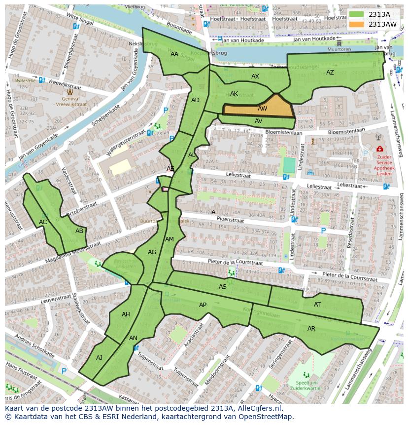 Afbeelding van het postcodegebied 2313 AW op de kaart.