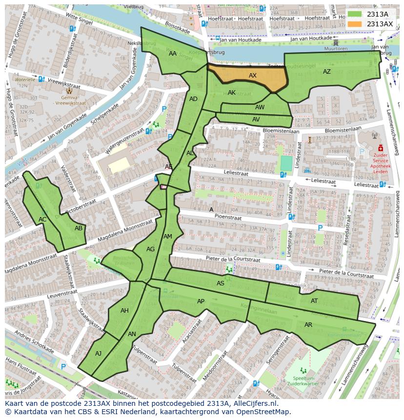 Afbeelding van het postcodegebied 2313 AX op de kaart.