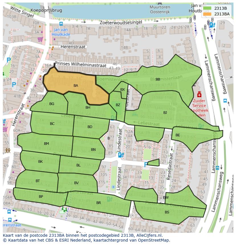 Afbeelding van het postcodegebied 2313 BA op de kaart.