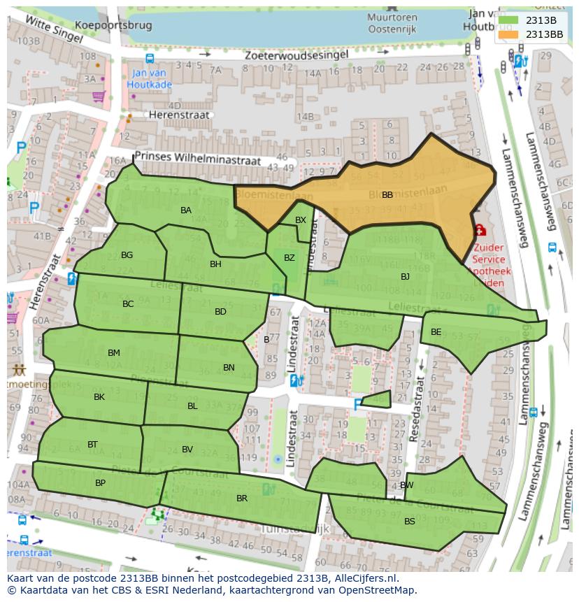 Afbeelding van het postcodegebied 2313 BB op de kaart.