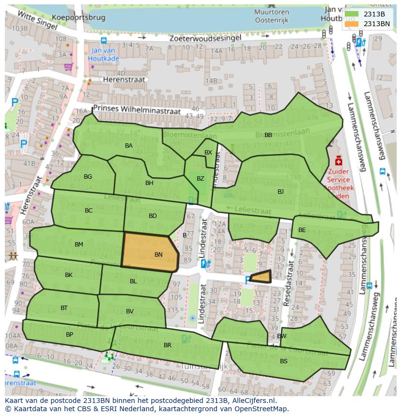 Afbeelding van het postcodegebied 2313 BN op de kaart.