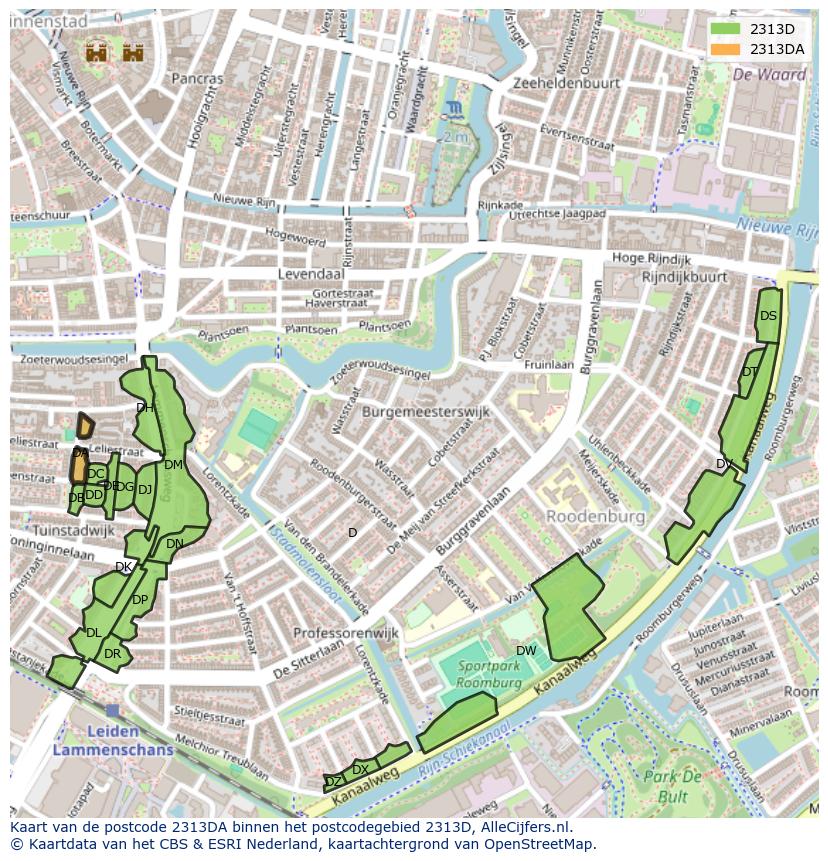 Afbeelding van het postcodegebied 2313 DA op de kaart.