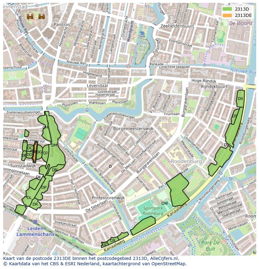 Afbeelding van het postcodegebied 2313 DE op de kaart.