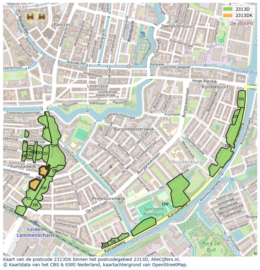 Afbeelding van het postcodegebied 2313 DK op de kaart.
