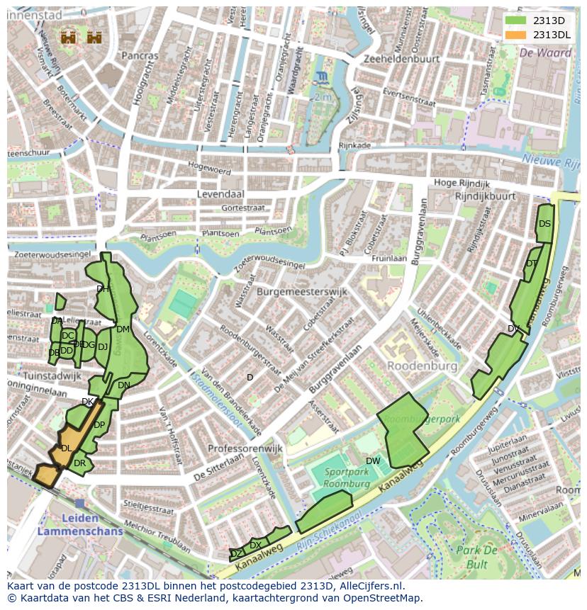Afbeelding van het postcodegebied 2313 DL op de kaart.