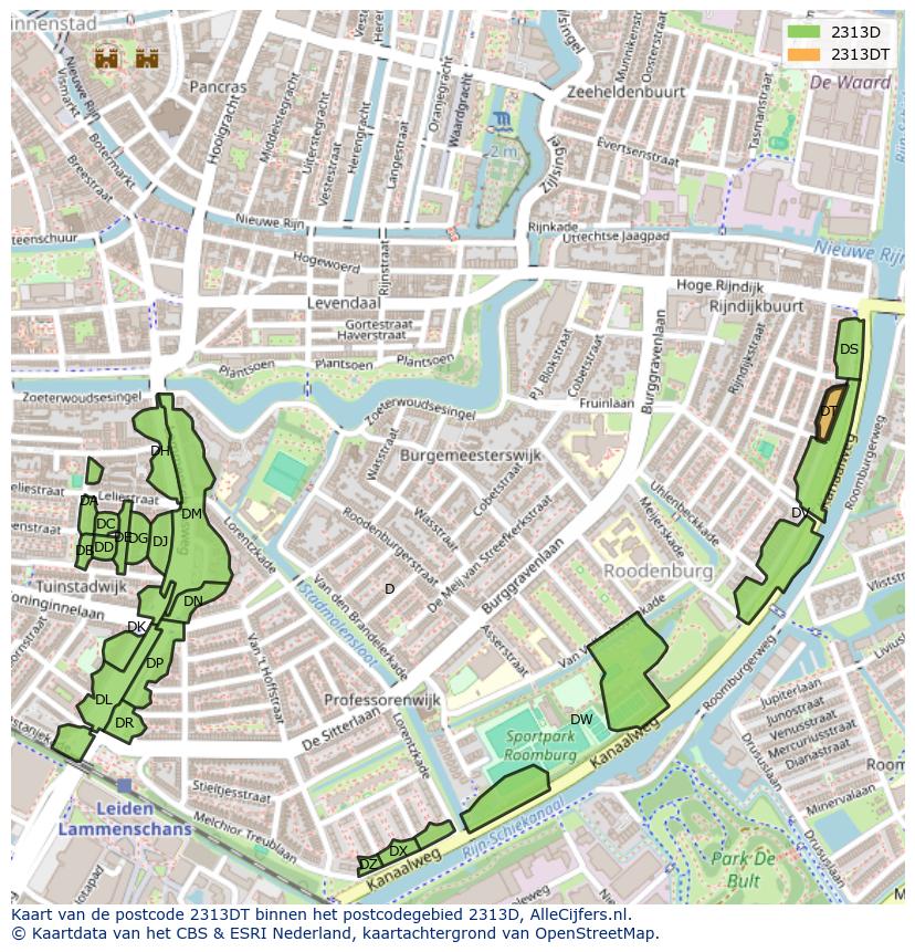 Afbeelding van het postcodegebied 2313 DT op de kaart.