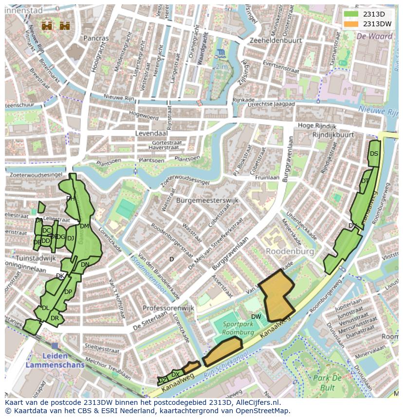 Afbeelding van het postcodegebied 2313 DW op de kaart.