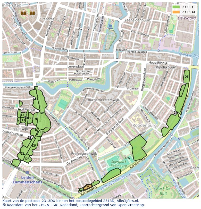 Afbeelding van het postcodegebied 2313 DX op de kaart.