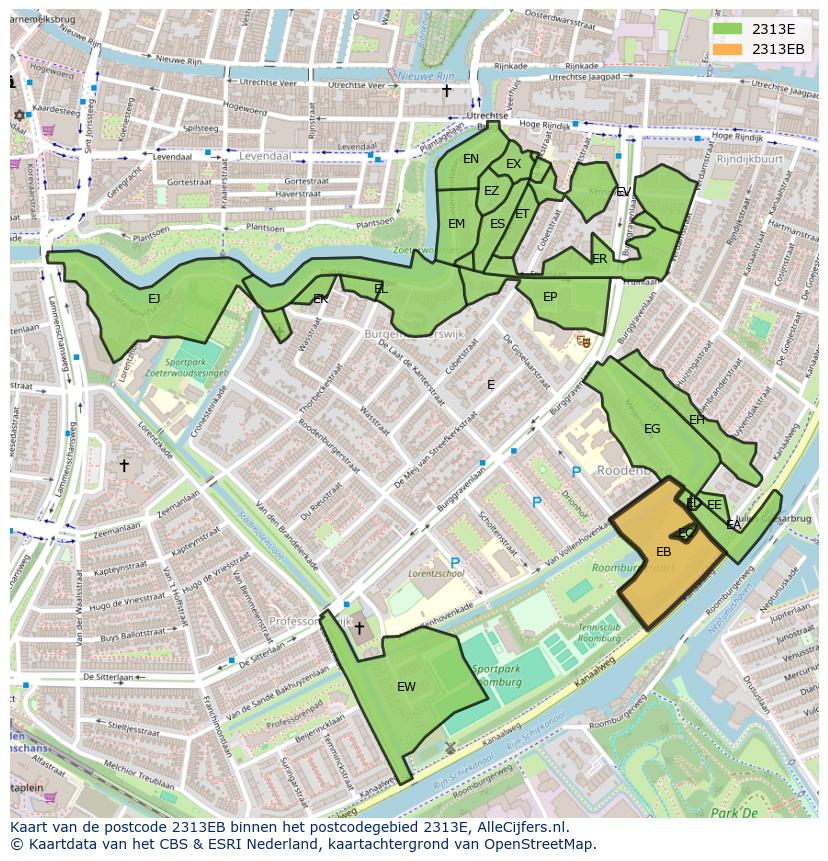Afbeelding van het postcodegebied 2313 EB op de kaart.
