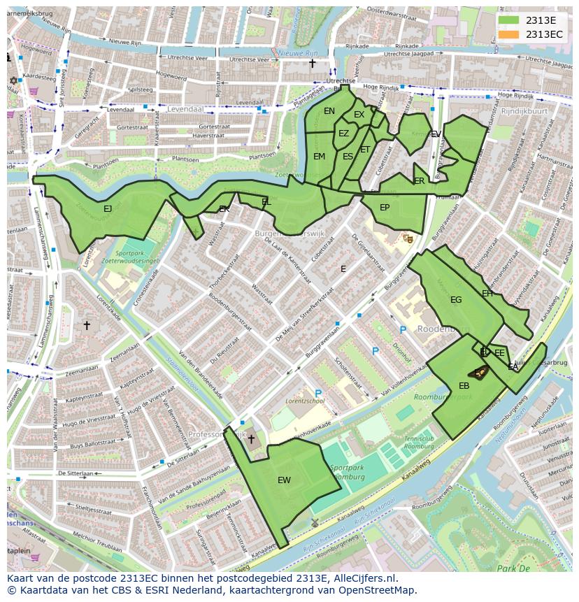 Afbeelding van het postcodegebied 2313 EC op de kaart.