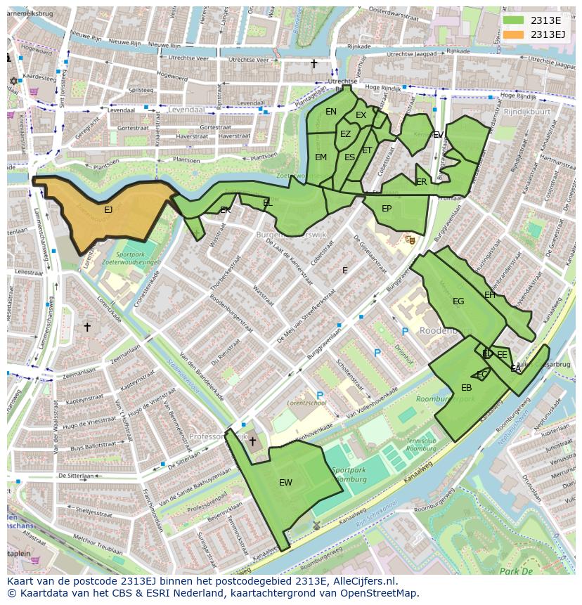 Afbeelding van het postcodegebied 2313 EJ op de kaart.