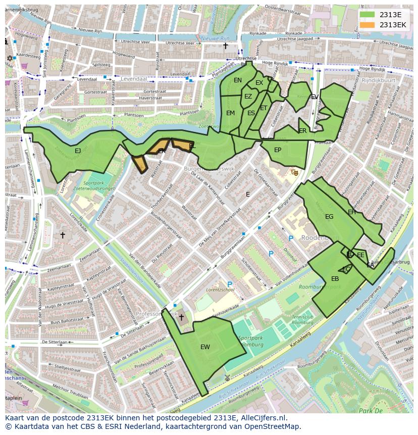 Afbeelding van het postcodegebied 2313 EK op de kaart.