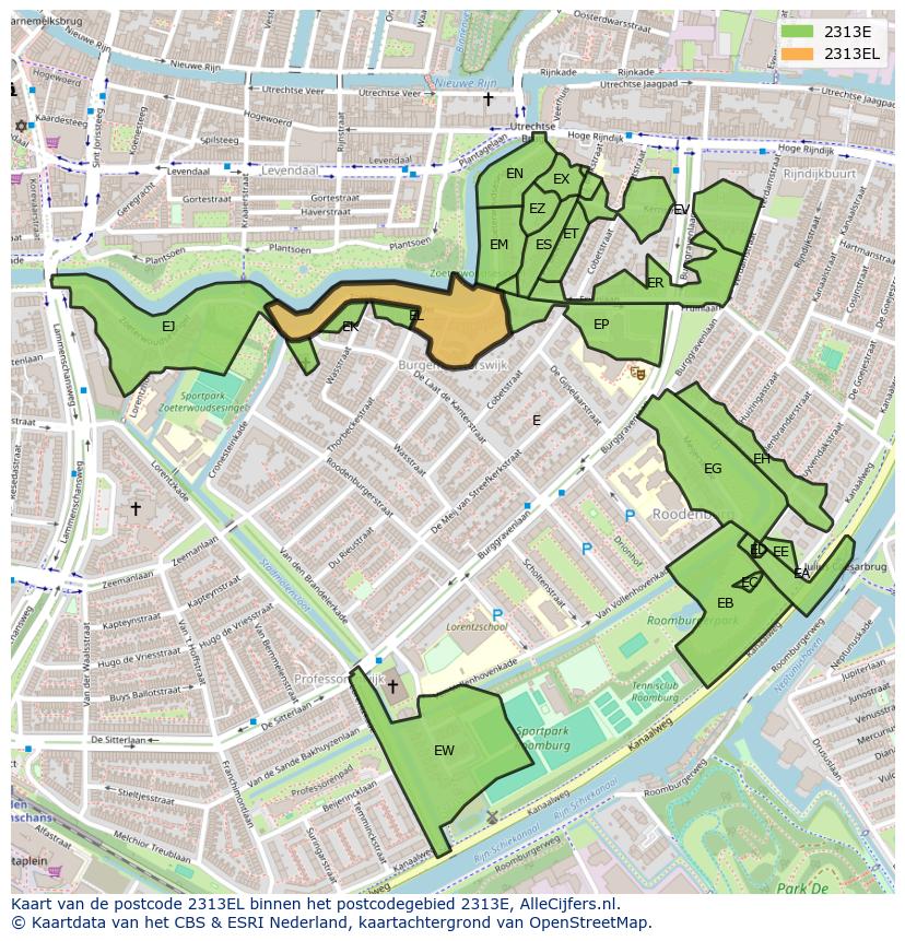 Afbeelding van het postcodegebied 2313 EL op de kaart.