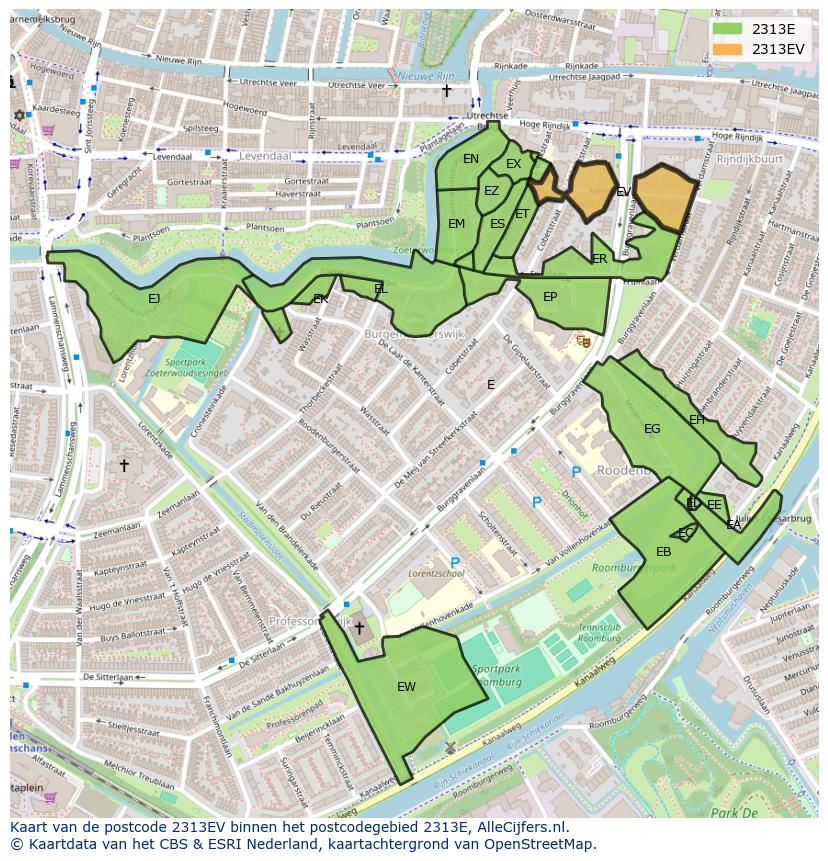 Afbeelding van het postcodegebied 2313 EV op de kaart.