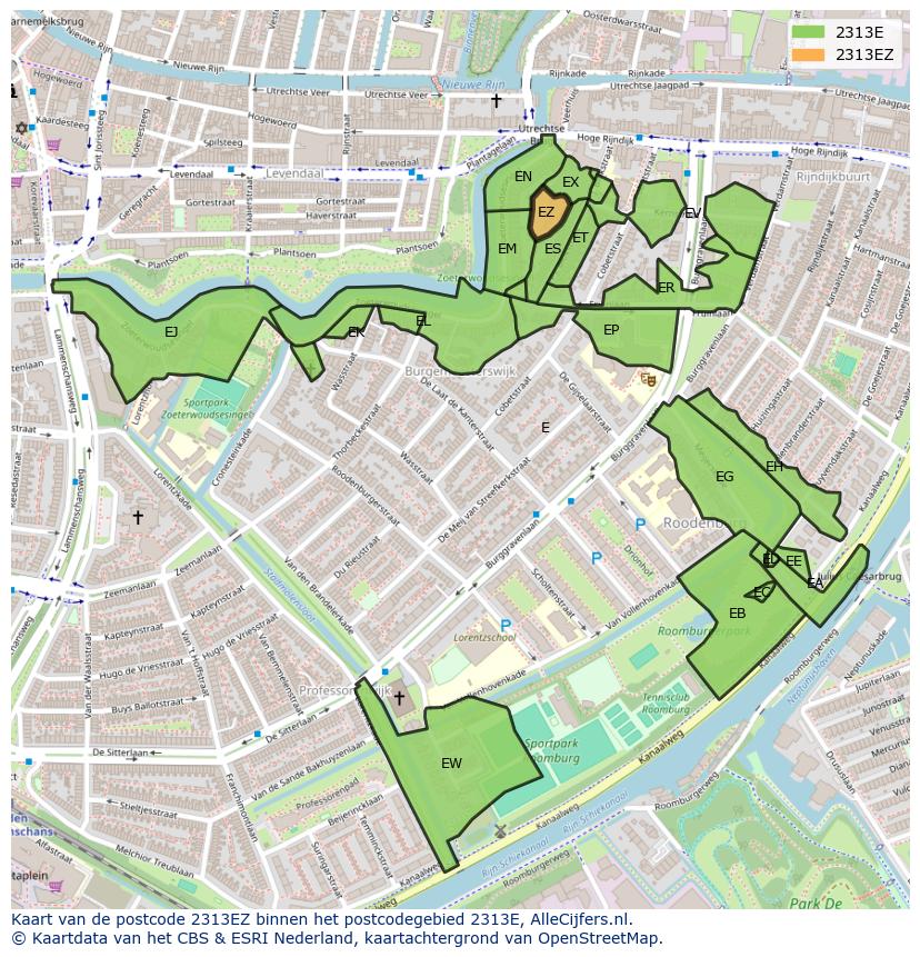 Afbeelding van het postcodegebied 2313 EZ op de kaart.