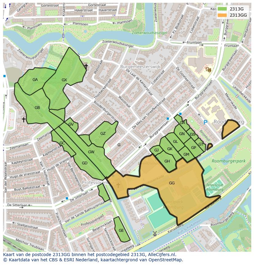Afbeelding van het postcodegebied 2313 GG op de kaart.