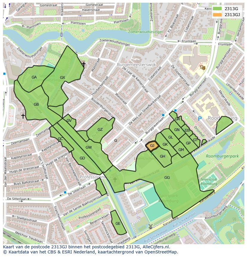 Afbeelding van het postcodegebied 2313 GJ op de kaart.