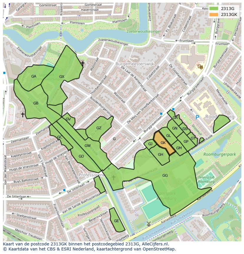 Afbeelding van het postcodegebied 2313 GK op de kaart.