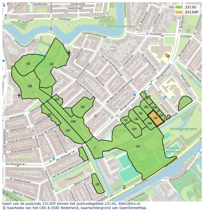 Afbeelding van het postcodegebied 2313 GP op de kaart.