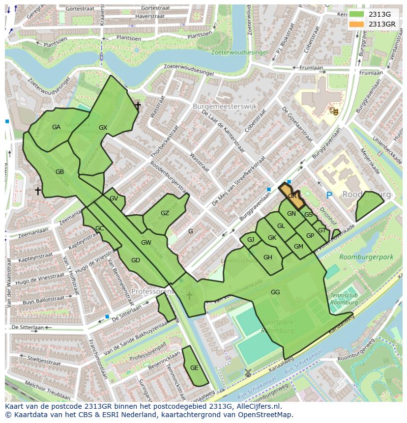 Afbeelding van het postcodegebied 2313 GR op de kaart.