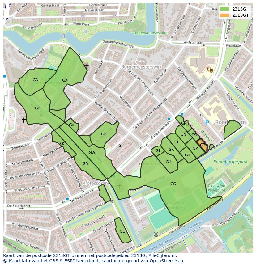 Afbeelding van het postcodegebied 2313 GT op de kaart.