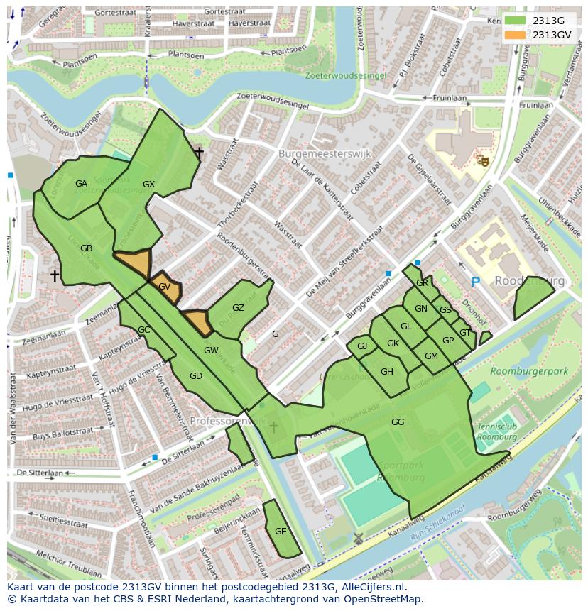 Afbeelding van het postcodegebied 2313 GV op de kaart.