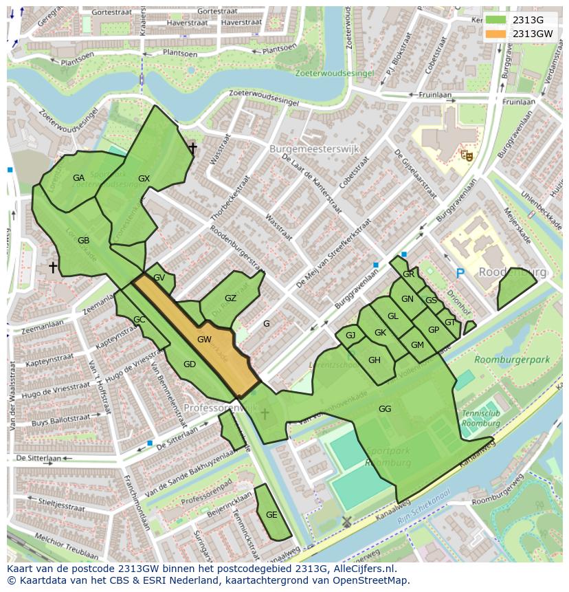 Afbeelding van het postcodegebied 2313 GW op de kaart.