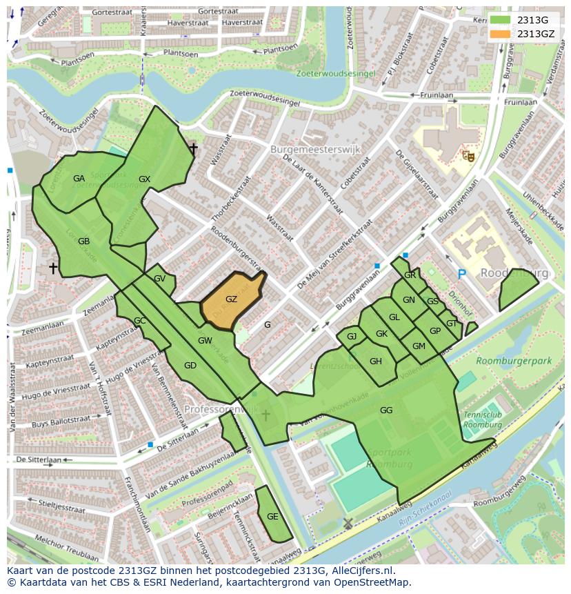 Afbeelding van het postcodegebied 2313 GZ op de kaart.