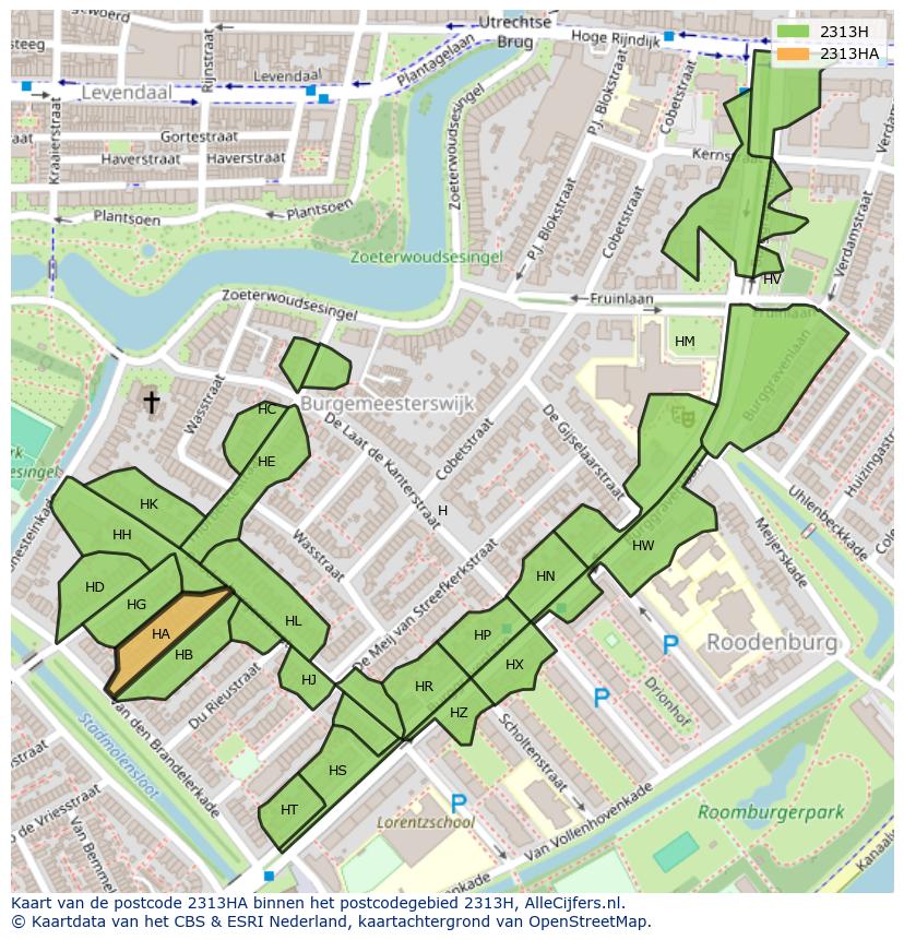 Afbeelding van het postcodegebied 2313 HA op de kaart.