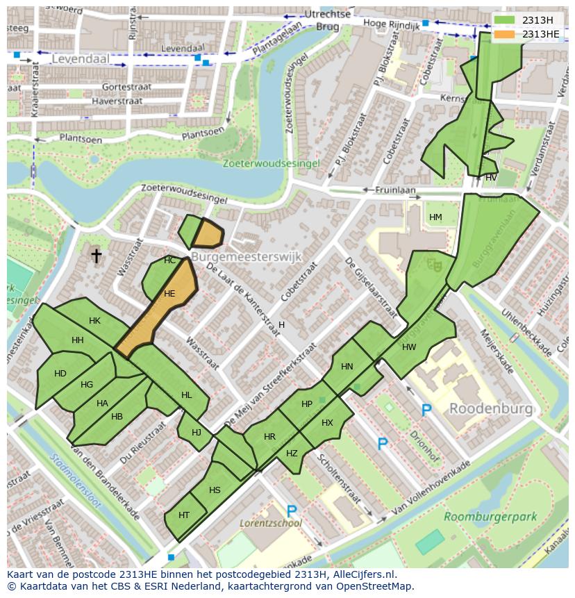 Afbeelding van het postcodegebied 2313 HE op de kaart.