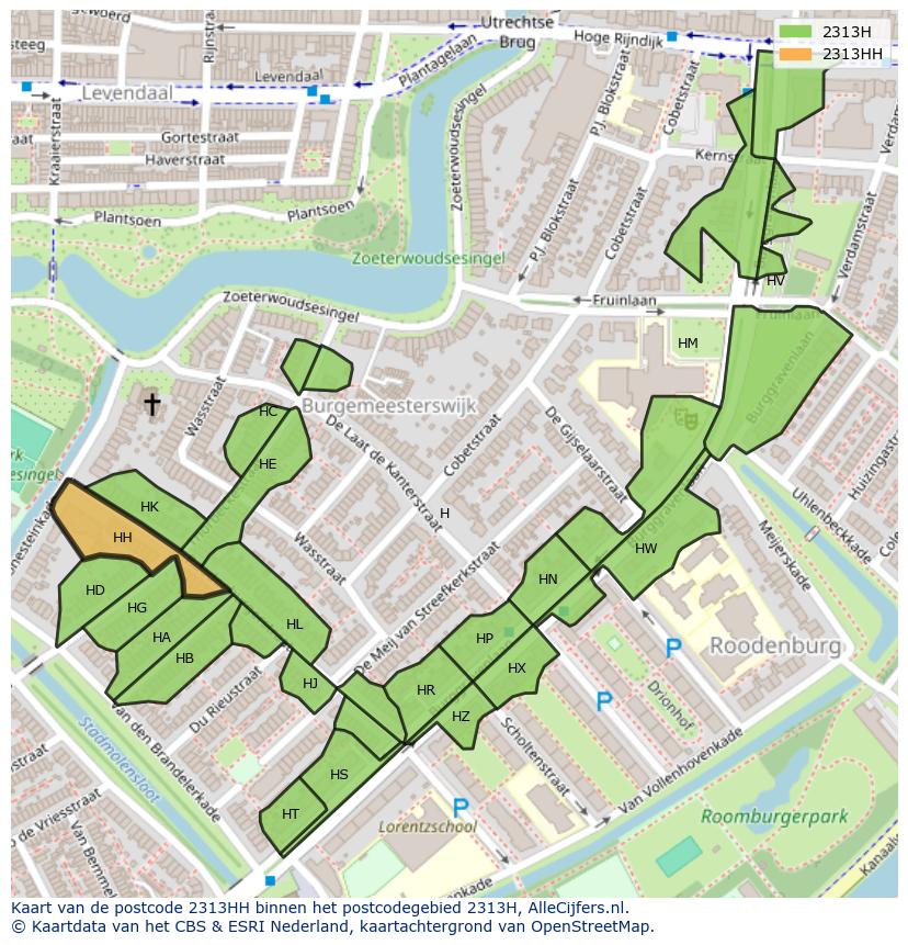 Afbeelding van het postcodegebied 2313 HH op de kaart.