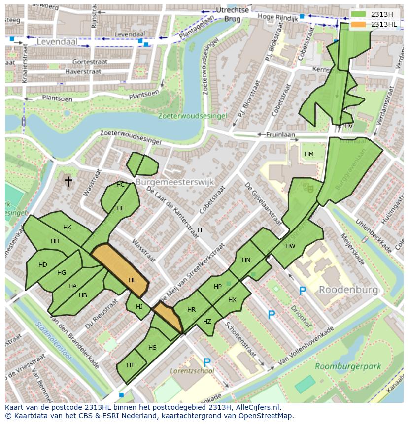 Afbeelding van het postcodegebied 2313 HL op de kaart.