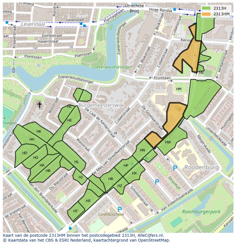 Afbeelding van het postcodegebied 2313 HM op de kaart.