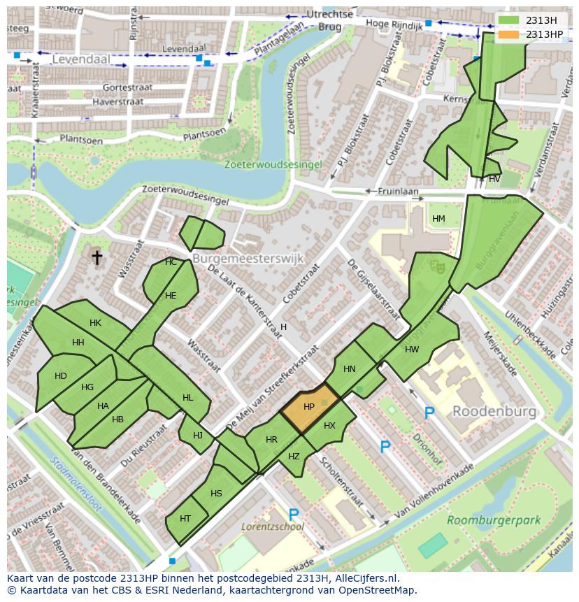 Afbeelding van het postcodegebied 2313 HP op de kaart.