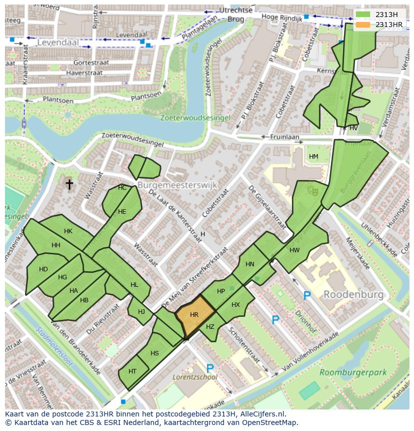 Afbeelding van het postcodegebied 2313 HR op de kaart.