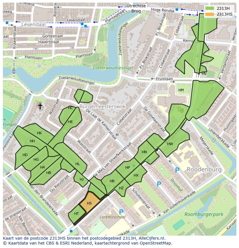 Afbeelding van het postcodegebied 2313 HS op de kaart.