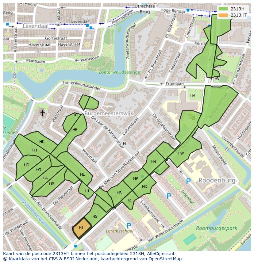 Afbeelding van het postcodegebied 2313 HT op de kaart.