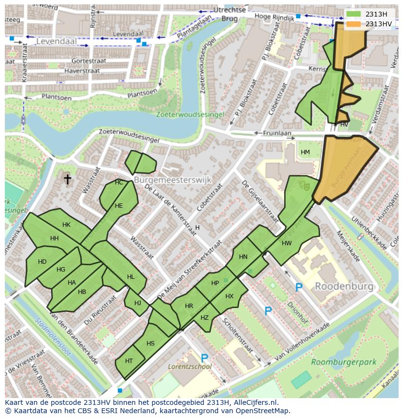 Afbeelding van het postcodegebied 2313 HV op de kaart.