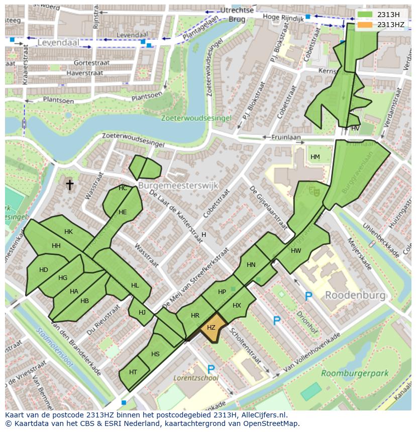 Afbeelding van het postcodegebied 2313 HZ op de kaart.