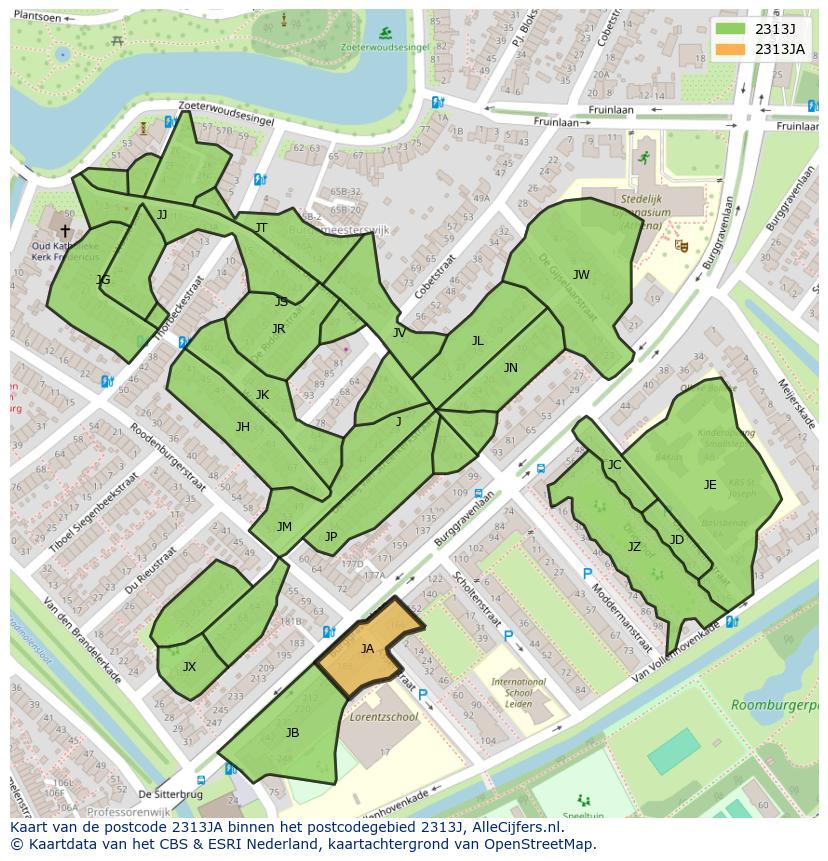 Afbeelding van het postcodegebied 2313 JA op de kaart.