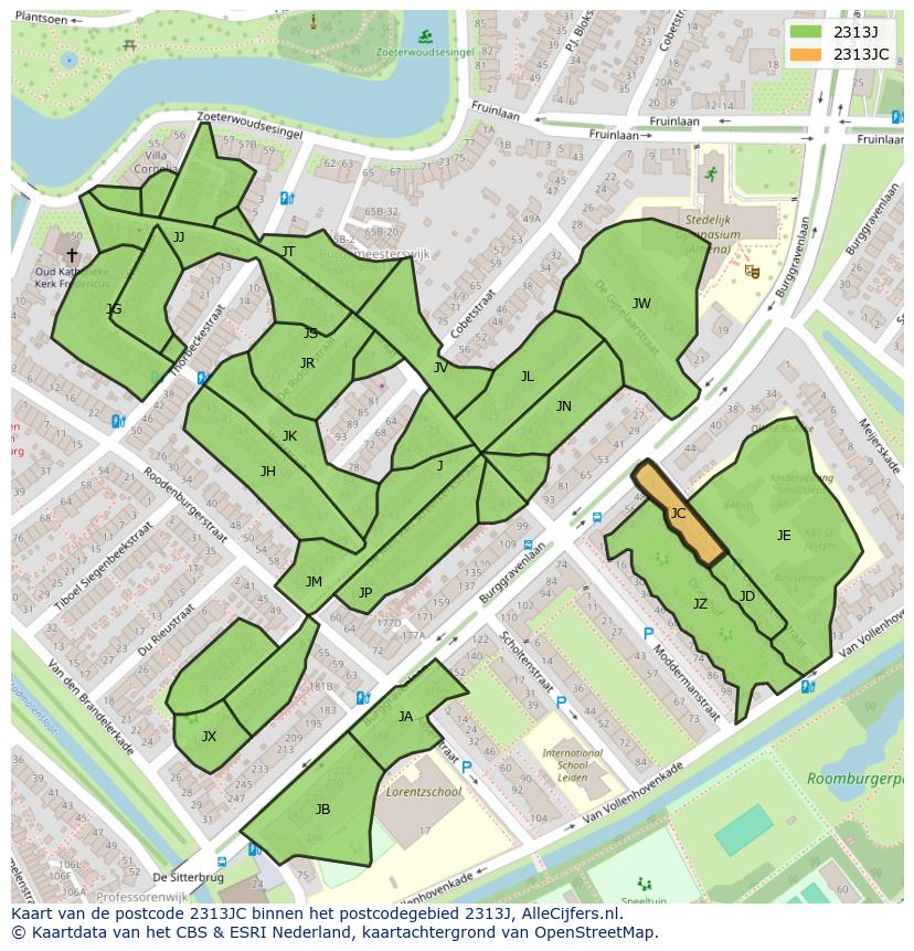 Afbeelding van het postcodegebied 2313 JC op de kaart.