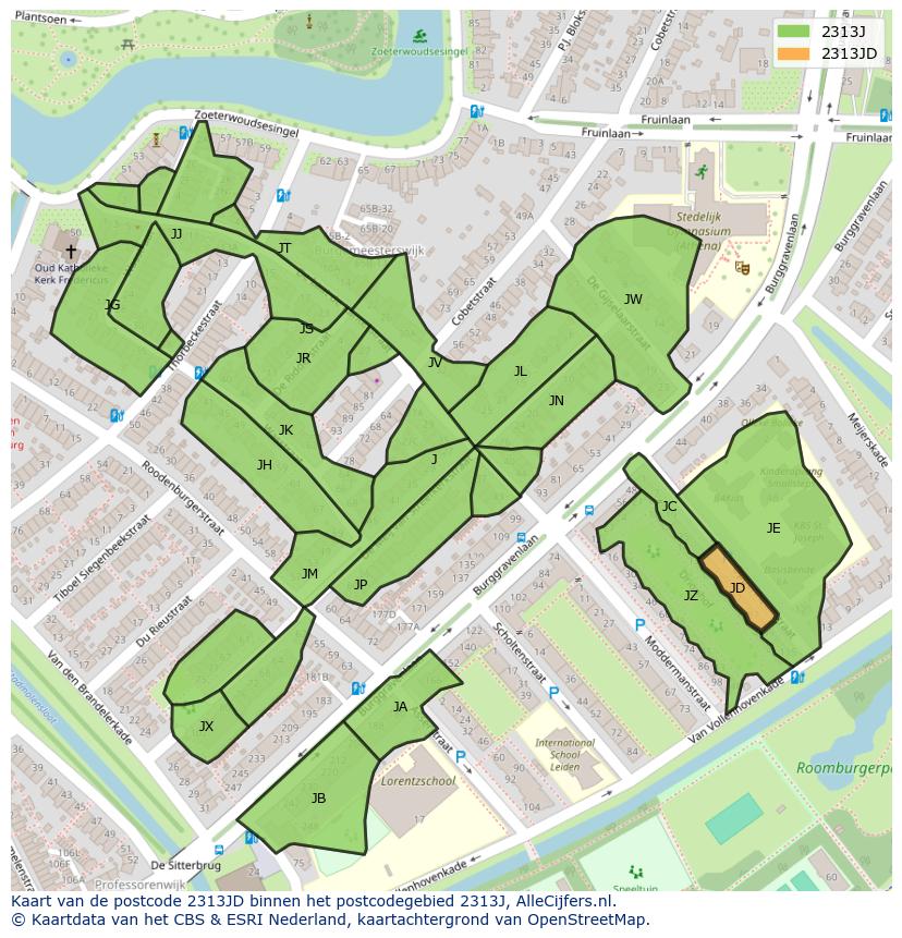 Afbeelding van het postcodegebied 2313 JD op de kaart.
