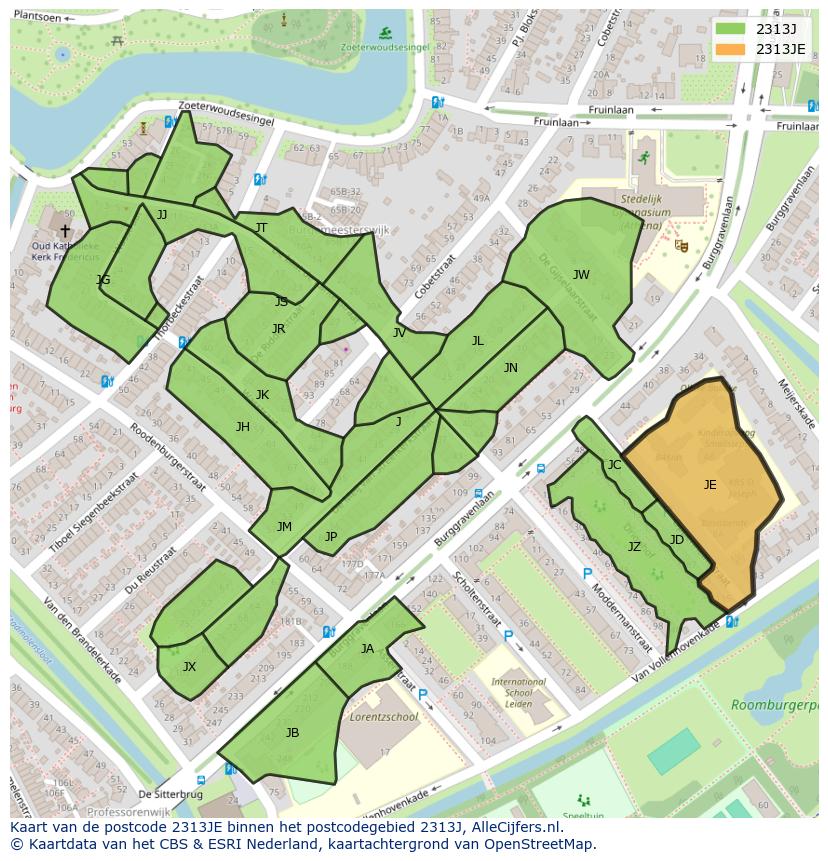 Afbeelding van het postcodegebied 2313 JE op de kaart.