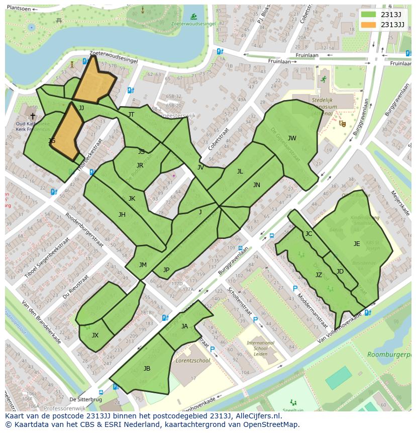 Afbeelding van het postcodegebied 2313 JJ op de kaart.
