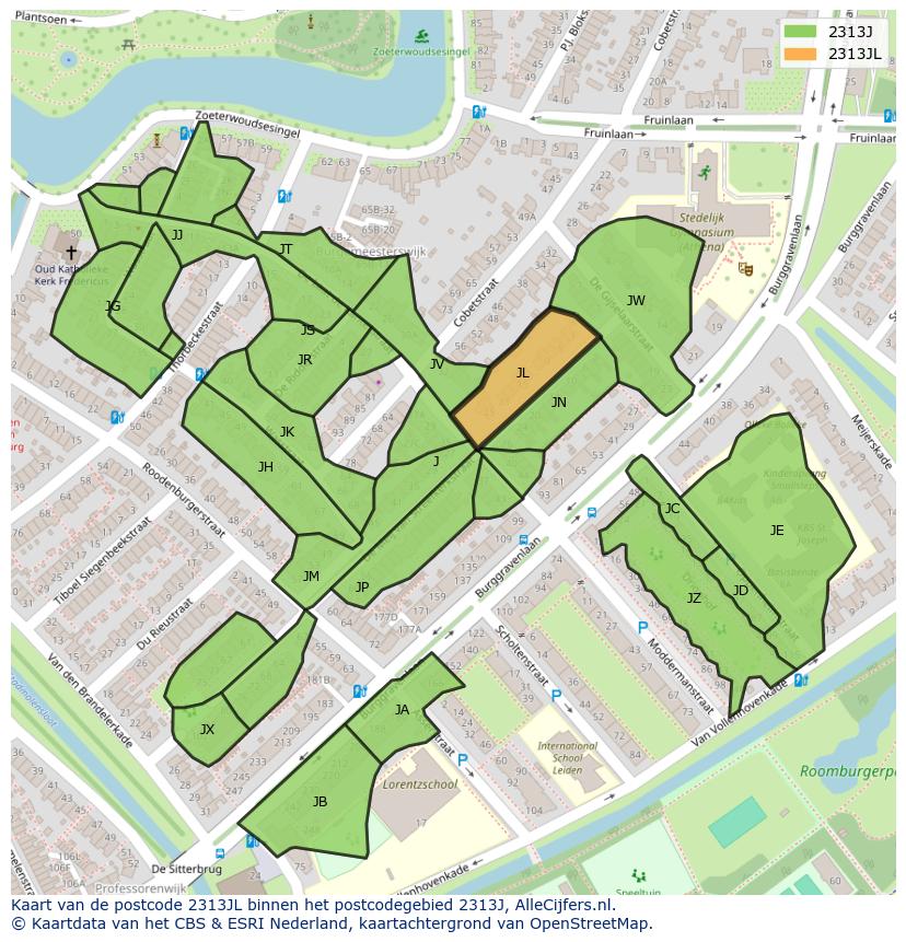Afbeelding van het postcodegebied 2313 JL op de kaart.